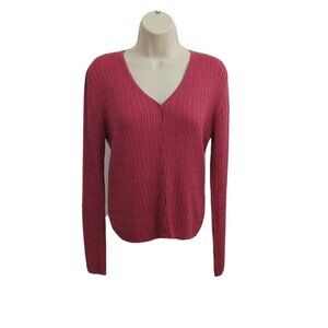 Laura Ashley Silk Cardigan Sweater Sz Large Pink Ribbed Button Front V-Neck ECU